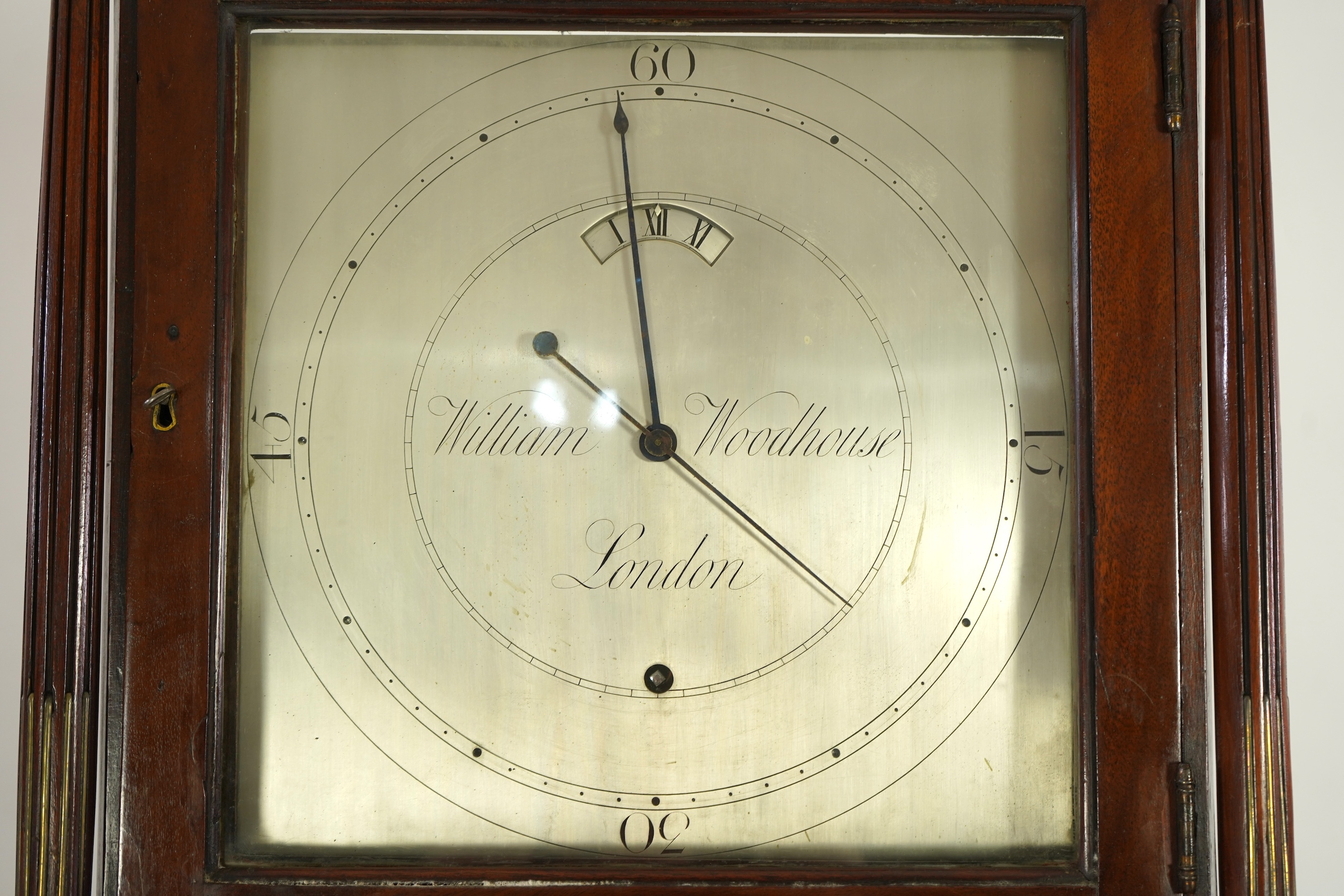 A mid 19th century mahogany eight day longcase regulator, silvered dial signed William Woodhouse, London